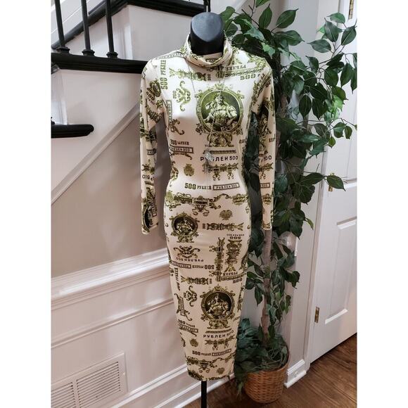Women's White Green Graphic Print Cut Out Mock Neck Long Sleeve Maxi Dress Small - Picture 1 of 9